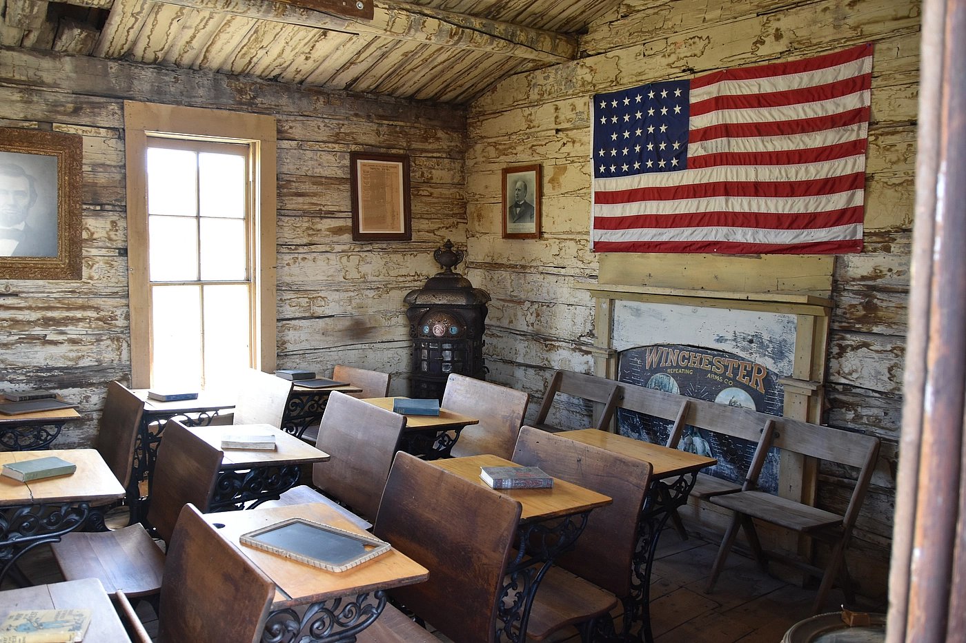 Interior of historic cabin at must-see attraction in Cody