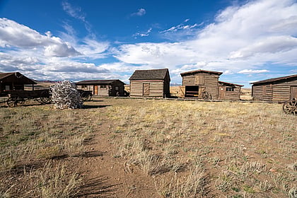 A wide shot of the outside of old trail town